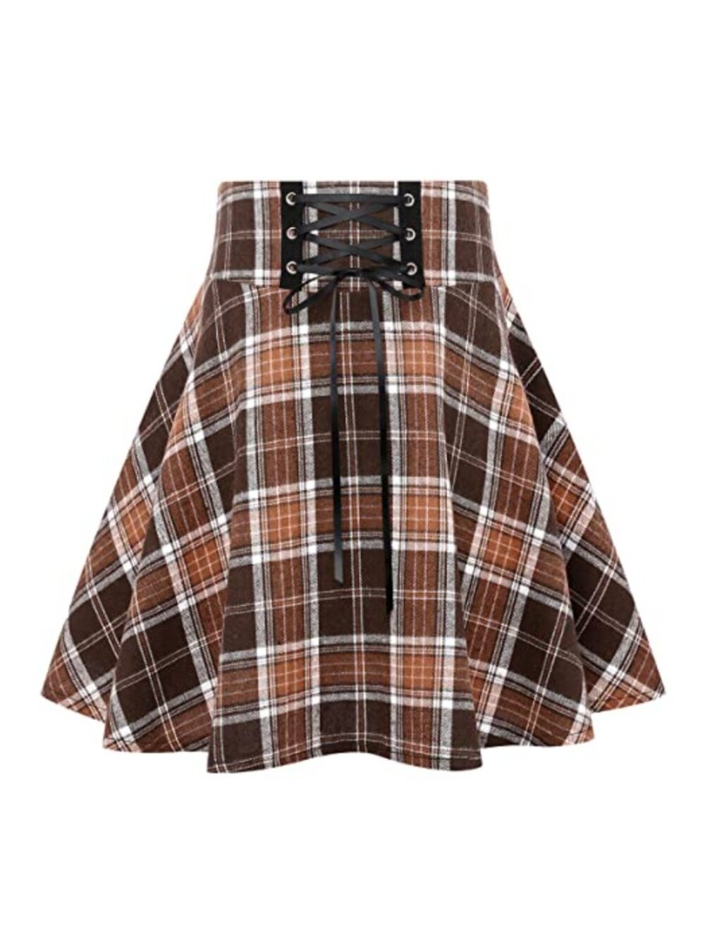 High Waist Plaid Mini Skirt Lace Up A-Line Flared Cotton Skater Skirt
